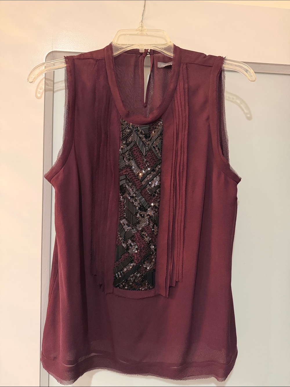 Vince 100% Silk Sleeveless Sheer Burgundy Beaded  Holiday Blouse/camisole sz 8